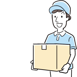 作業着とキャップを着用した人物が段ボール箱を持っている様子のイラスト